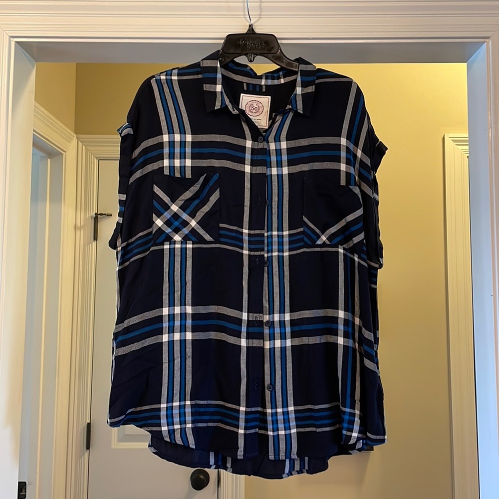 Blue Plaid Button-Up top